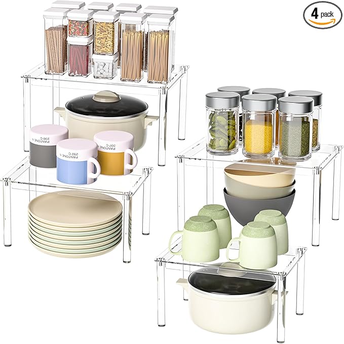 Acrylic Cabinet Organizer Shelf Set of 4, Clear Kitchen Counter Shelves Spice Rack, Pantry Kitchen Storage, Stackable, Expandable, Moisture Resistant