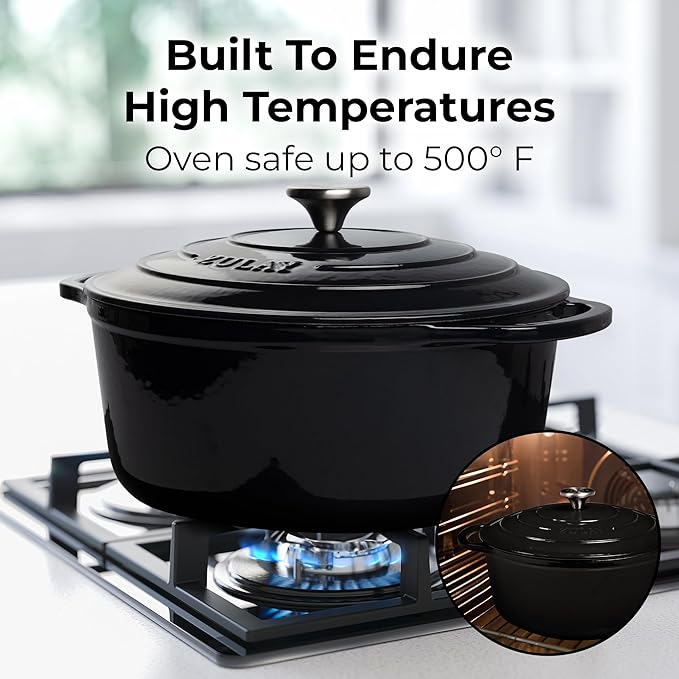 Zulay Kitchen 7.7 Quart Enameled Cast Iron Dutch Oven with Lid, Silicone Trivet & Heat Pad – Premium Durability & Oven Safe up to 500°F – Heavy Duty Cookware Perfect for Bread Baking, Stews, Braising & Roasting – Black