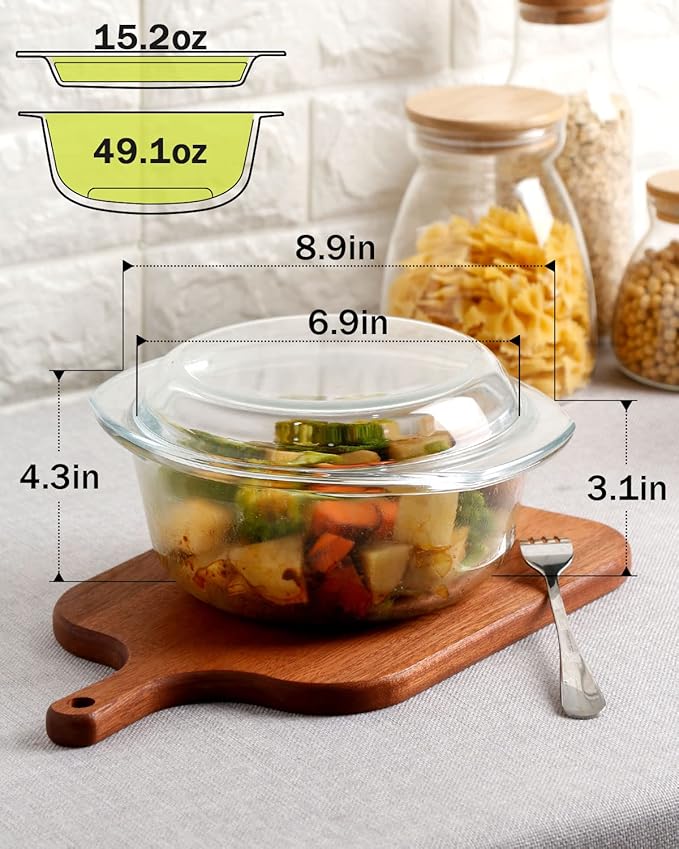 Clear Round Glass Casserole Dish With Lid Non-Plastic Lidded Casseroles Easy Grab Glass Cooking Bowls with Glass Lid, Microwave, Oven, Freezer, and Dishwasher Safe (1.5L)