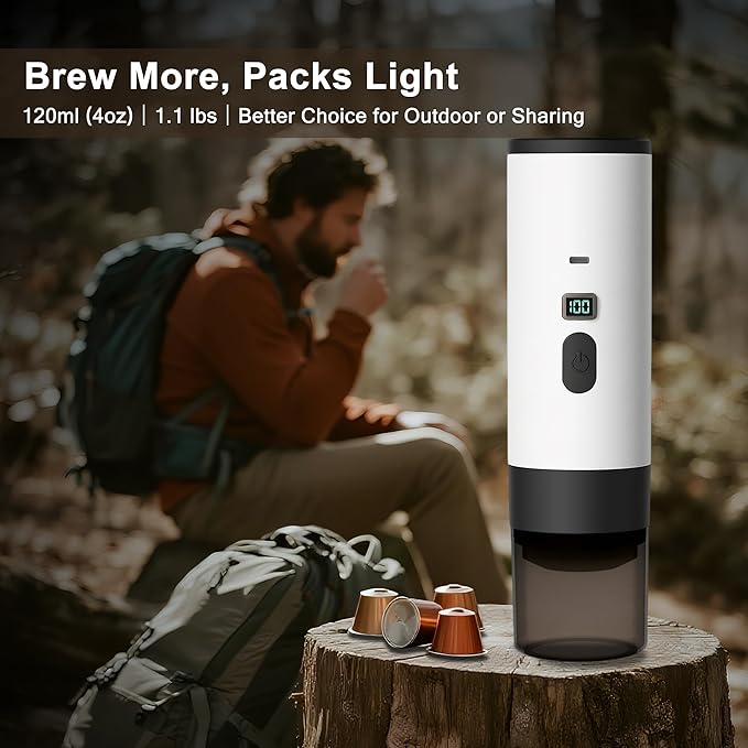 Portable Espresso Coffee Maker for Travel, Mini Camping Espresso Machine, Car Self-Heating Coffee Makers with USB-C, Compatible with Ground Coffee & NS Capsules for RV/Office/Hiking