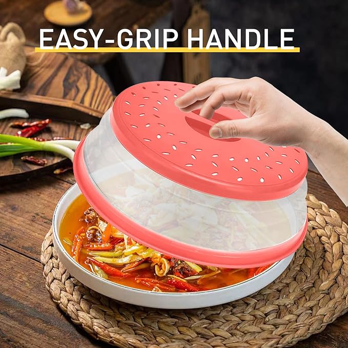 Collapsible Microwave Splatter Cover, Vented Microwave Lid with Hook Hole, Splatter Guard for Plate Dish Bowl, Vegetable Fruit Colander Multi-function Kitchen Gadget, BPA-Free (Red)