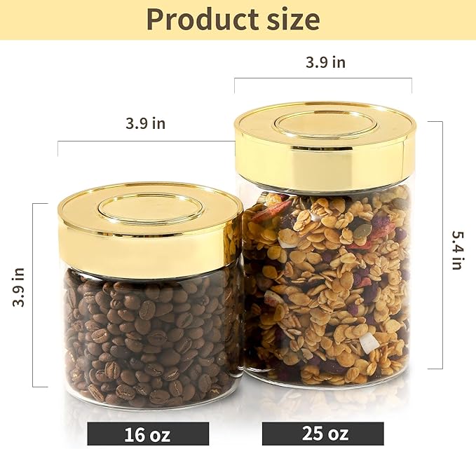 Airtight Glass Food Storage Containers, Kitchen Glass Canisters with Lids -Coffee Pasta Sugar Tea Snack Nuts Cookie Flour Food Container - Set of 2,Wide Mouth, One-Touch Locking Lids