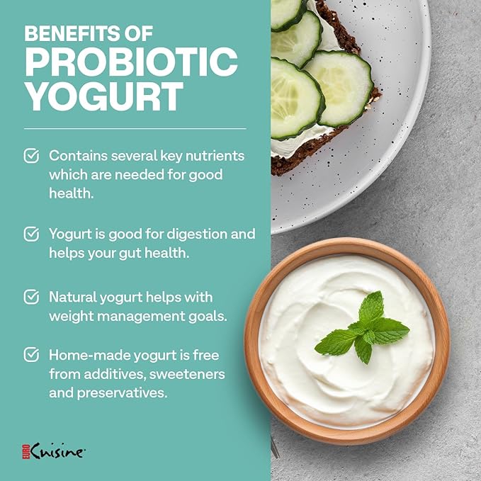 Euro Cuisine YM260 Yogurt Maker with Adjustable Time & Temperature Control, 2-Quart Glass Jar, Free Thermometer & Cotton Strainer Bag, 2025 Edition, White, Make Yummy Organic Probiotic Yogurt at Home