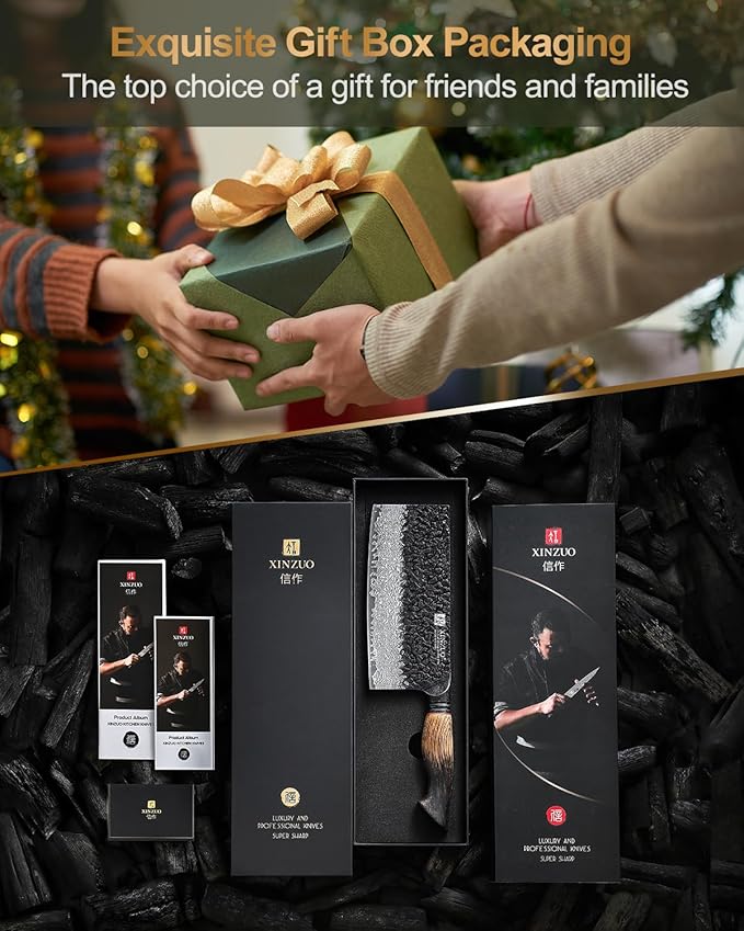 XINZUO 7.3 Inch Vegetable Cleaver Knife,10Cr15Comov Steel Core Forged Damascus Steel,Sharp Slicing Knife For Home Kitchen And Restaurant,Ergonomic White Oak + Red G10 Gasket Handle