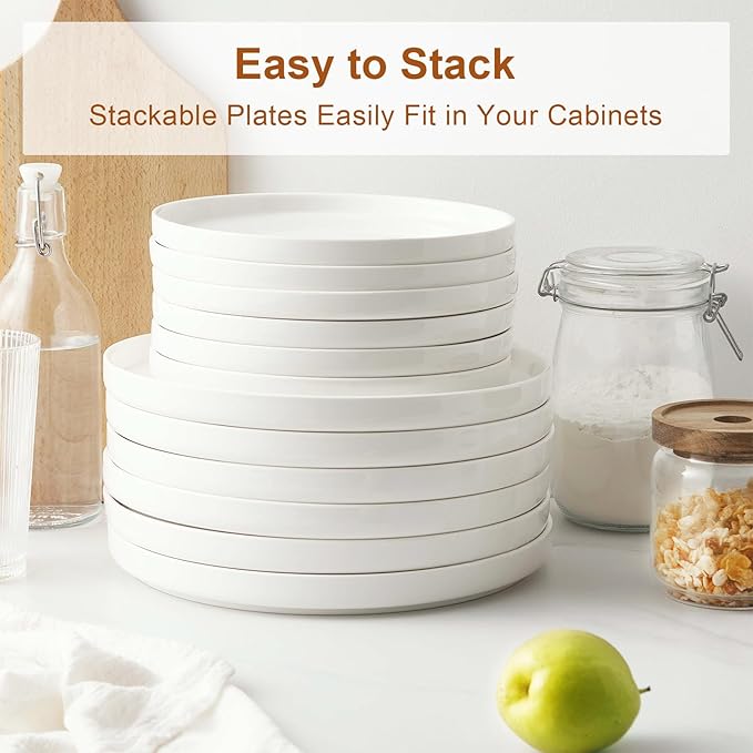 Jassceram 8.5 Inch Small Dinner Plates, Ceramic Flat Plates for Salad, Dessert and Appetizer - Microwave, Oven and Dishwasher Safe, Scratch Resistant and Lead-free, High Edge Dish Set, Set of 6, White