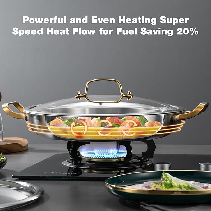 14 Inch Stainless Steel Paella Pan with Lid,Frying Pan, Tri-Ply Even Heating, Induction Ready & Dishwasher Safe – Great for Camping, Parties, Family Gatherings