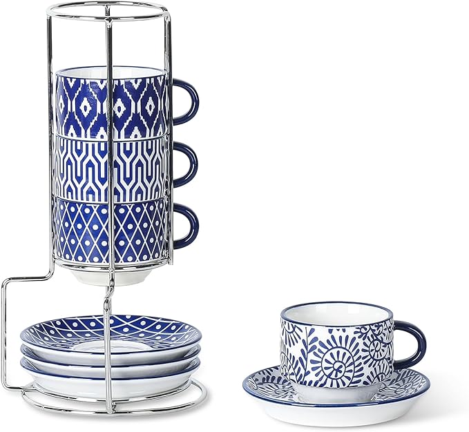 Selamica Ceramic Espresso Cups with Saucers and Metal Stand, 2.5 OZ Stackable Demitasse Cups for Espresso Latte Café Mocha Tea, Set of 4, Vintage Blue