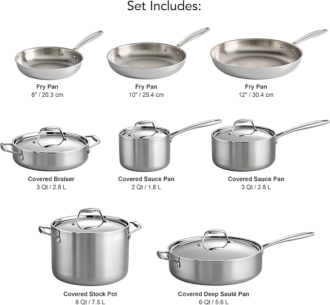 Tramontina Signature Tri-Ply Clad Stainless Steel 13-Piece Cookware Set with Lids, Pots and Pans Kitchen Set, Induction-Ready, Dishwasher-Safe, NSF-Certified