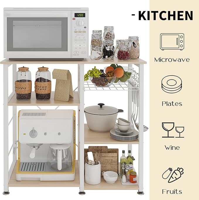 soges 3-Tier Kitchen Baker's Rack Utility Microwave Oven Stand Kitchen Island Cart Standing Multifunction Storage Shelf Kitchen Workstation, Maple