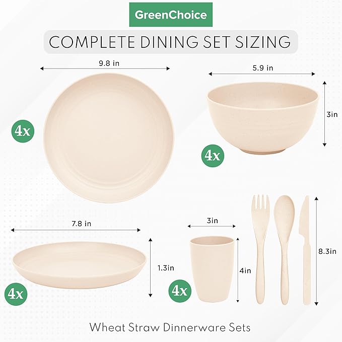 Wheat Straw Dinnerware Sets for 4 - GreenChoice Lightweight & Unbreakable Dishes Microwave & Dishwasher Safe Perfect for Camping, Picnic, RV, Dorm Plates, Cups and Bowls (Beige)