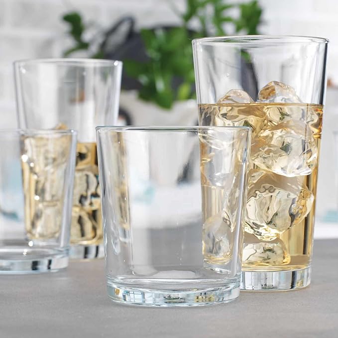 Glaver's Drinking Glasses Set of 12. Glassware set, 6 Highball Glass Cups, 6 Whiskey glasses.17 oz Tall Glass Set and 13 oz Rock Glasses. Classic Drinkware Set