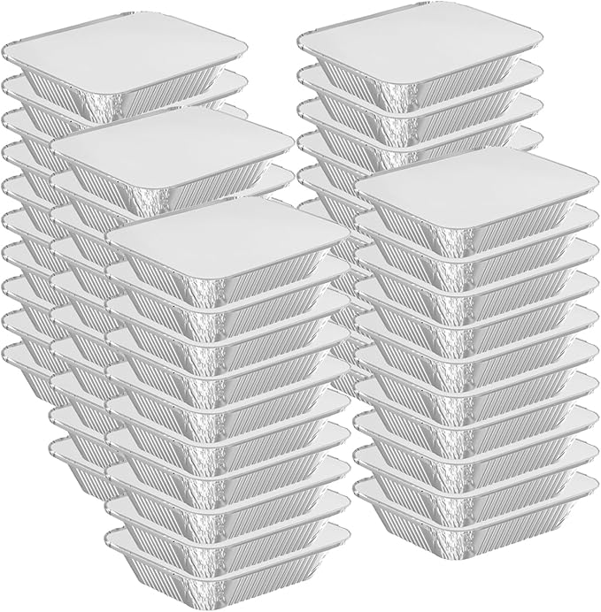 50 PACK 8.3"x6.2" Disposable Tin Foil Pans with Lids 2.25LB Aluminum Pans To Go Containers for Cooking, Baking, Catering Party Meal Prep, Take Out, Freeze