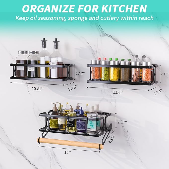 3 Pack Spice Racks Wall Mount With Paper Towel Holder and Hooks for hanging,Space Saving Spice Rack Organizer for Spice Jars and Seasonings, Spice Organization for Cabinet, Pantry,Black