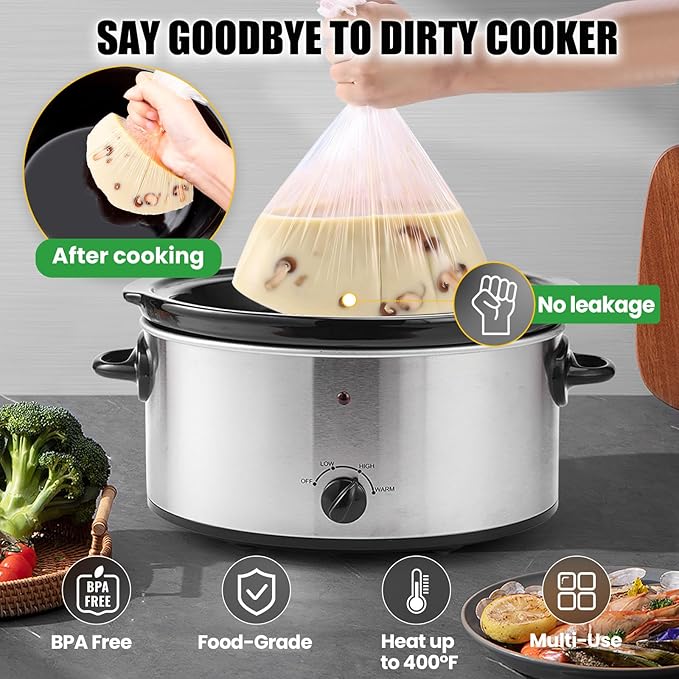 20 Count Slow Cooker Liners, 13"x21", Fits 3-8 Quarts, Disposable Pot Liners Compatible with Crockpot, Oval Large Size, BPA-Free Cooking Bags, Kitchen Accessories, Cook with Ease