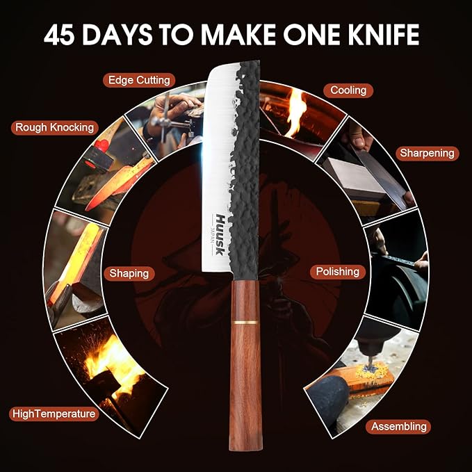 Huusk Japan Knife, Nakiri Knife Japanese Vegetable Knives 7 Inch, Multipurpose Asian Kitchen Chef Knives,Hand Forged High Carbon Steel Sharp Cleaver, Ergonomic Rosewood Handle, Gift Box for Dad