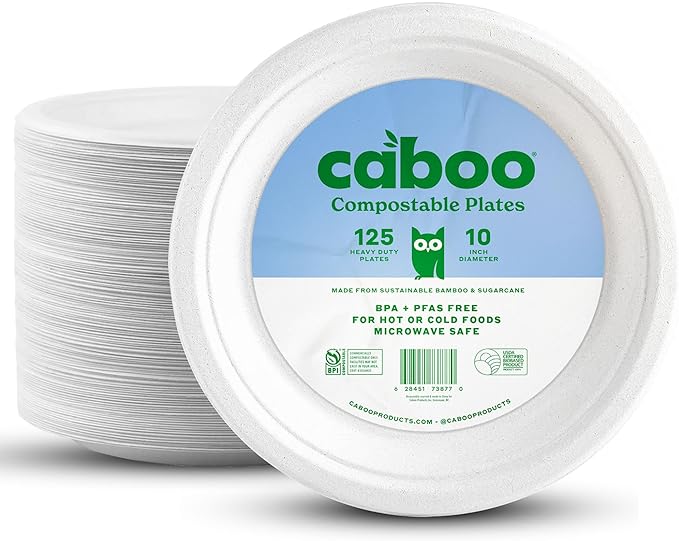 Caboo Disposable Bamboo Paper Plates, 125 Pack of 10 Inch Sturdy Biodegradable Plates, Compostable Plate, Microwave Safe Party Plate, Eco Friendly Alternative to Plastic
