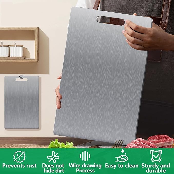 Katuchef Cutting Board for Kitchen, 316L Stainless Steel Cutting Board, Double-Sided Titanium Chopping Board for Meat, Fruit, Vegetables Easy to Clean Non Toxic Outdoor Camping or Indoor 9 * 14In