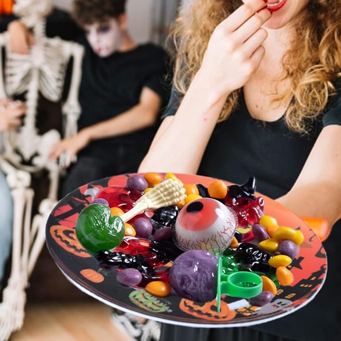 10-Inch Halloween Melamine Dinner Plates, 12-Piece Dishes Set, Lightweight & Stackable for Holidays& Decor Party plates, Ideal for Salad,Dessert,Fruit and Cakes-Halloween Pattern