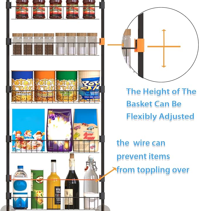 8-Tier Over The Door Pantry Organizers, Pantry Door Organizer and Storage with Adjustable Baskets,Heavy-Duty Metal Spice Rack,essential kitchen and home Shelves (Black)