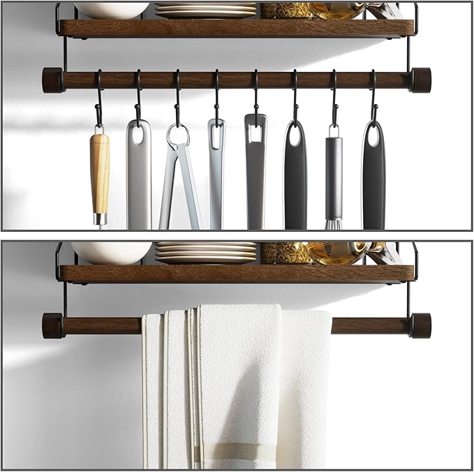 Alsonerbay Floating Shelf Wall-Mounted, Coffee Bar Shelf with Hooks and Towel Bar, Kitchen Shelves for Organizing Cooking Utensils and Mugs