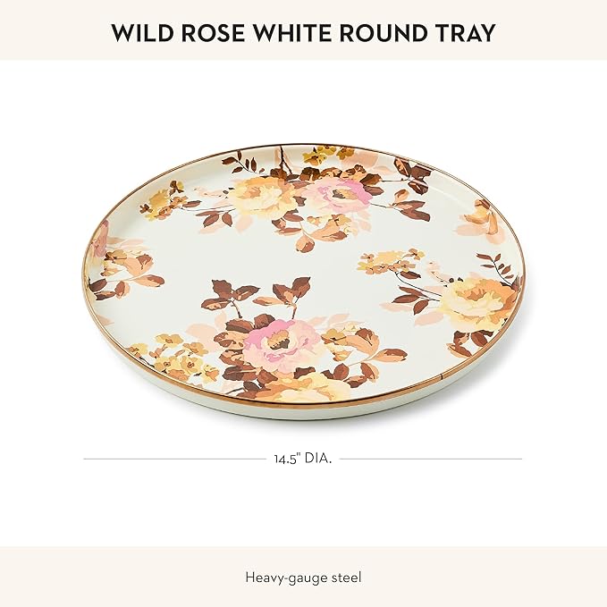 MACKENZIE-CHILDS Enamel Round Tray, Unique Serving Platter for Food and Drinks, Wild Rose White