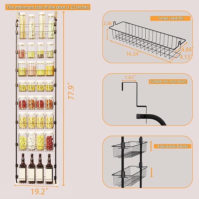 8-Tier Over The Door Pantry Organizers, Pantry Door Organizer and Storage with Adjustable Baskets,Heavy-Duty Metal Spice Rack,essential kitchen and home Shelves (Black)