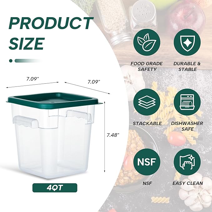 4 Pack Food Storage Containers, 4 Quart with Lids, Square Commercial Containers with Scale, Clear NSF Food Organizing, Polycarbonate