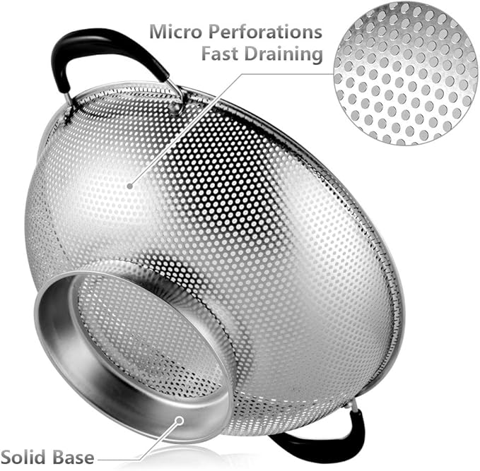 Tiawudi 18/8 Stainless Steel Colander, Easy Grip Micro-Perforated 5-Quart Colander, Strainer with Riveted and Heat Resistant Handles, BPA Free. Great for Pasta, Noodles, Vegetables and Fruits