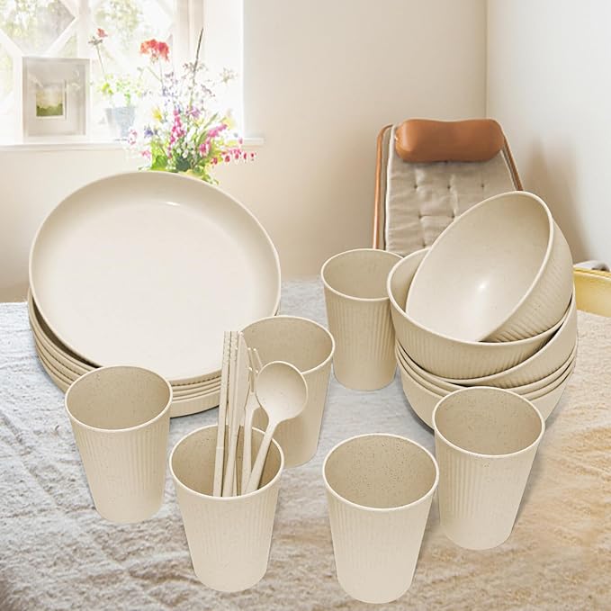 Wheat Straw Dinnerware Sets -DAPIPIK 42 Piece Unbreakable Dinnerware Sets for 6, Kitchen Plates and Bowls Set, Lightweight Camping Plates Cups and Bowls Set.Dishwasher Microwave Safe Dinnerware