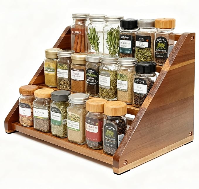 Acacia Wooden Spice Rack for Countertop - 3 Tiered Spice Rack Organizer for Cabinet - Kitchen Spices Organizers Holds 24 Jars - Spices Shelf for Kitchen Storage Pantry Seasoning Organizer