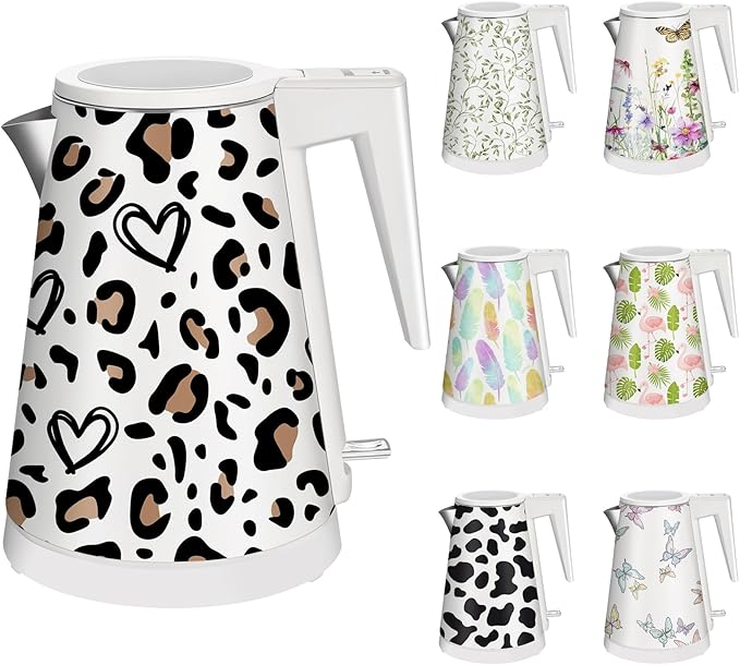 1.2L Double Wall Stainless Steel Interior Water Boiler, Cordless, 1000W Fast Boil with LED Light Coffee Pot & Tea Electric Kettle, Auto Shut-Off and Boil-Dry Protection (Personalized leopard)