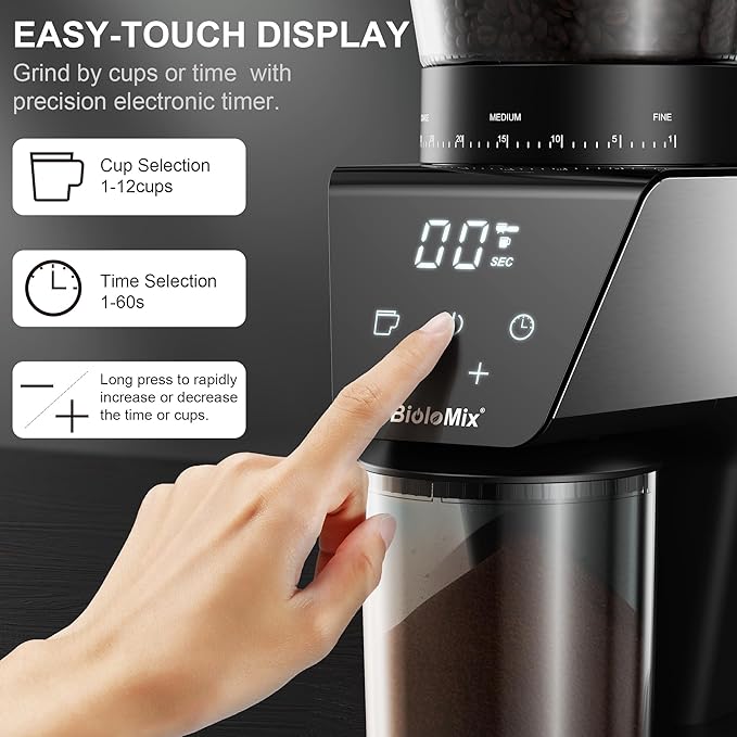 BioloMix Conical Burr Coffee Grinder Electric, Espresso Coffee Grinder with 30 Precise Settings for 1-12 Cups, Coffee Grinder Electric with LCD Screen Display,Touchscreen, Anti-static,Black
