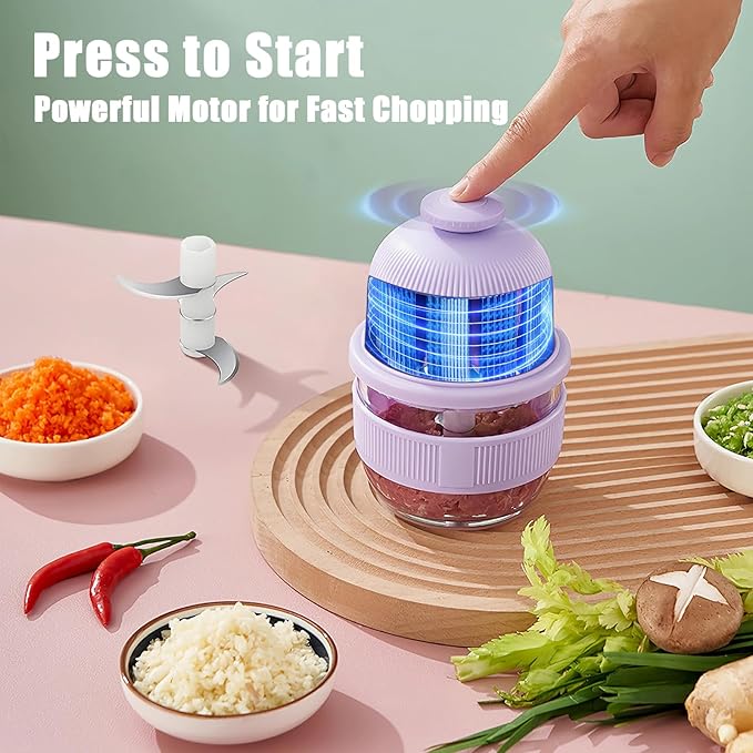 Cordless Food Processor, 350ml Glass Bowl Mini Garlic Chopper Wireless, Battery Operated Electric Food Chopper, Small USB-C Rechargeable Vegetable Meat Blender Grinder, Portable Kitchen Mixer (Purple)