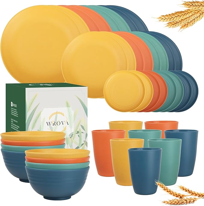 40Pack plates and bowls sets for kids - Unbreakable wheat straw dinnerware sets service for 8 - Alternative plastic 40pcs dish sets for kitchen, camping and indoors dinning - (Colorful)