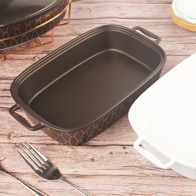 10" x 7" Ceramic Rectangular Casserole Dish with Glass Lid, 1.3 Quart Serving Soup Tureen,Chafing Dish for Buffet, Family Food preserve Tray, Catering for Party Style, Black