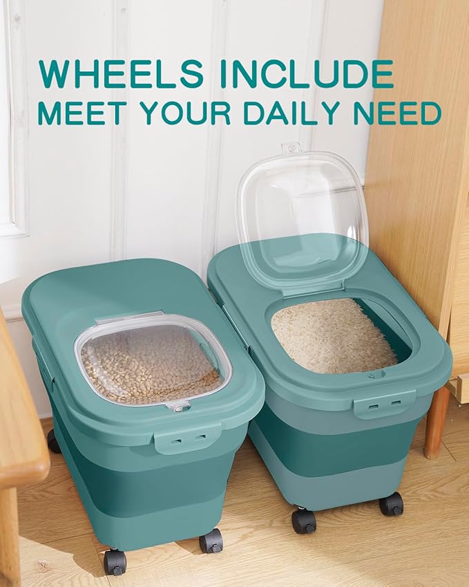 20-30 Lbs Rice Storage Container,Collapsible Food Storage Containers with Rolling Wheel Airtight Locking Lid,Flour Storage Container with Cup and Scoop,Suitable for Food,Rice,Pet Food,Flour