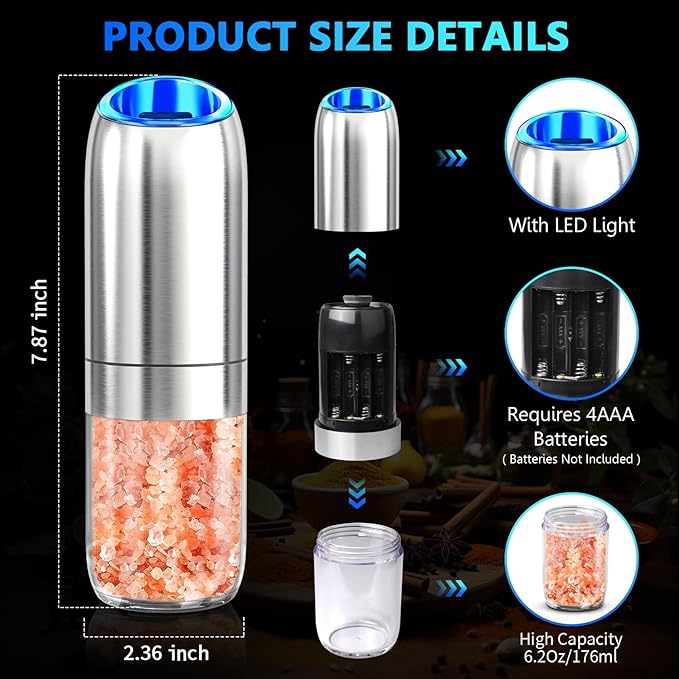 BoAn Gravity Electric Salt and Pepper Grinder Set, Stainless Steel Electric Pepper Grinder, Refillable Spice Mill,Large Chamber,Ceramic Rotor,Adjustable Coarseness, LED for Kitchen & Gourmet Cooking