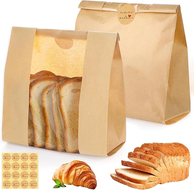 130 Pack Bread Bags for Homemade Sourdough Bags with Window, Large Bakery Bag with 160 Stickers for Packaging Baked Food Bread Storage (14 * 8.3 * 3.5 Inch)