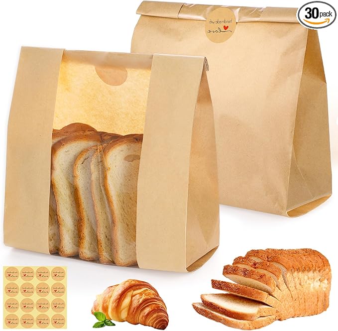 WSICSE 30 Pack Paper Bread Bags with Window, 14 * 8.3 * 3.5 Inch Disposable Brown Simple Fold Top Bag for Homemade Bread, Sourdough, Bagels, Croissants, Donuts