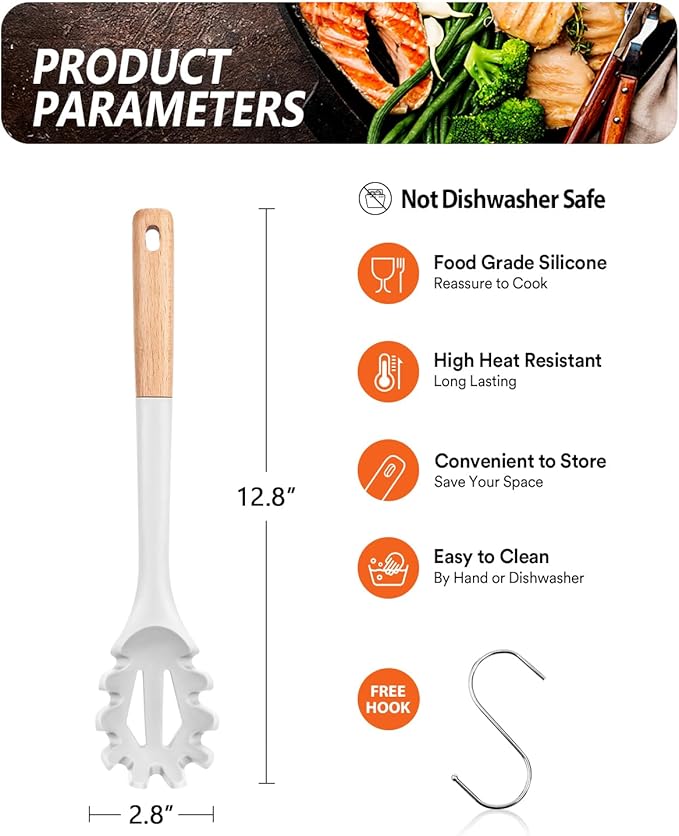 Silicone Pasta Fork, Kitchen Heat Resistant Noodle Spoon Server, BPA Free Spaghetti Strainer,12.8 inch (WHITE)