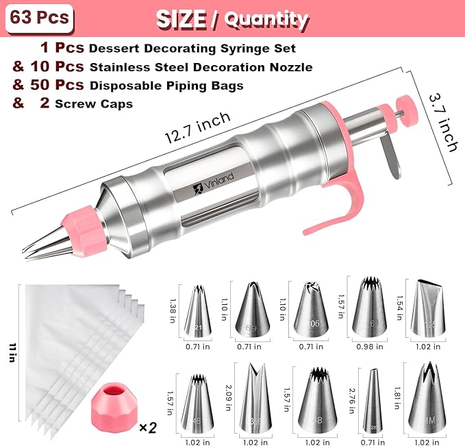 Dessert Decorating Syringe Set Icing Piping Kit Frosting Piping Kit Stainless Steels Cake Decorating Kit with 10 food grade stainless steel piping tips & 50 Disposable Piping Bags, Pink