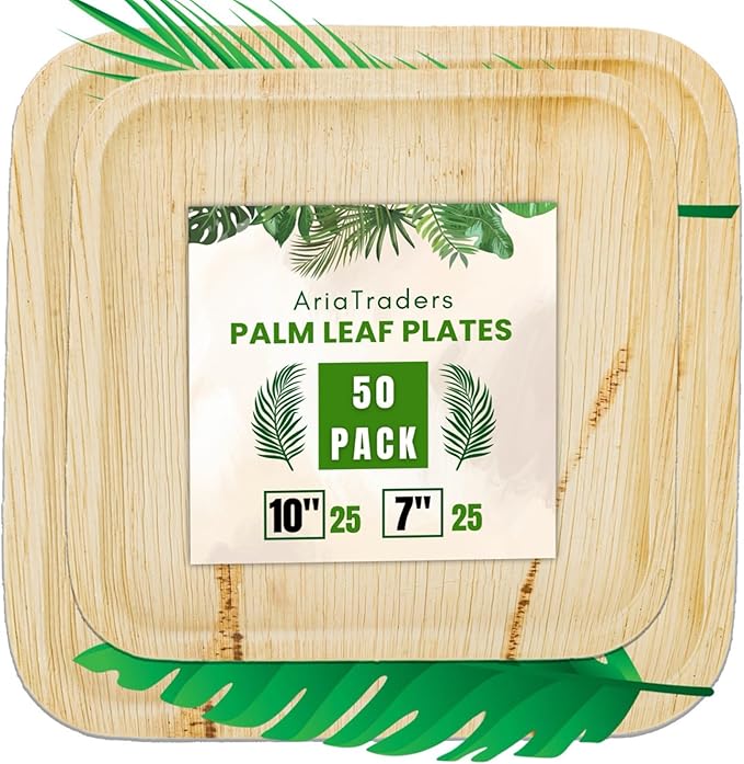 Palm Leaf Plates 10 Inch & 7 Inch (50-Pack), Square Bamboo Plates Disposable, Heavy Duty Compostable & Biodegradable Wooden Plates For Party, Catering Events, Weddings, & Dinnerware