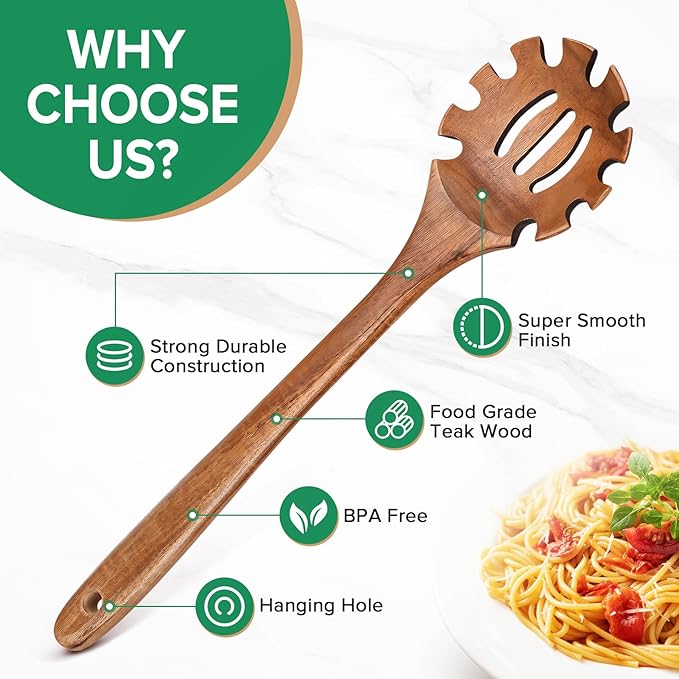 Wooden Pasta Spaghetti Spoon with Teeth, Teak Slotted Pasta Spaghetti Strainer Spoon for Cooking Serving Collecting, Wooden Pasta Fork Server Utensil with Claws, Wood Noodle Strainer,12.8″, Brown
