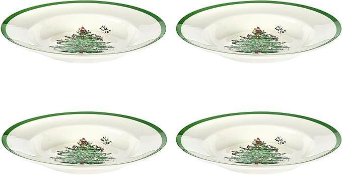 Spode Christmas Tree 9" Soup Plate (Set of 4) - Stoneware Soup Bowls with Festive Tree Design & Green Rim, Ideal for Serving Soup, Pasta, Salad - Microwave & Dishwasher Safe Holiday Dinnerware
