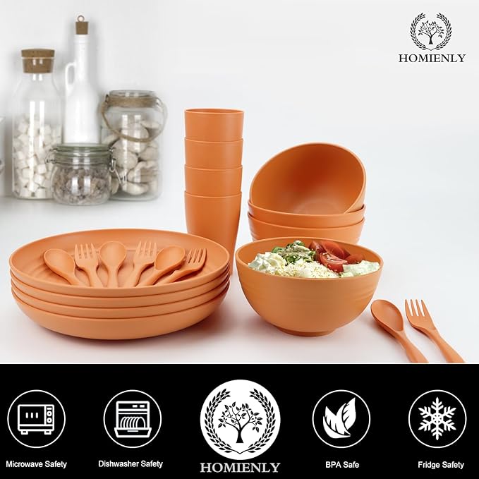 Homienly Wheat Straw Dinnerware Sets, 20pcs Unbreakable Microwave Dishwasher Safe Tableware Lightweight Bowls, Cups, Plates Set Reusable Dinner Plates Bowls set (Orange)