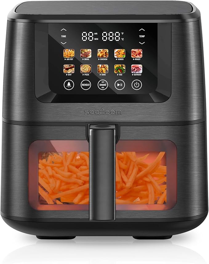 SEEDEEM Max XL Air Fryer 8QT, 10-in-1 Digital Air Fryer Oven with Color Touchscreen & Viewing Window, Toaster Oven Combo for Broil, Roast, Dehydrate, Bake – Black