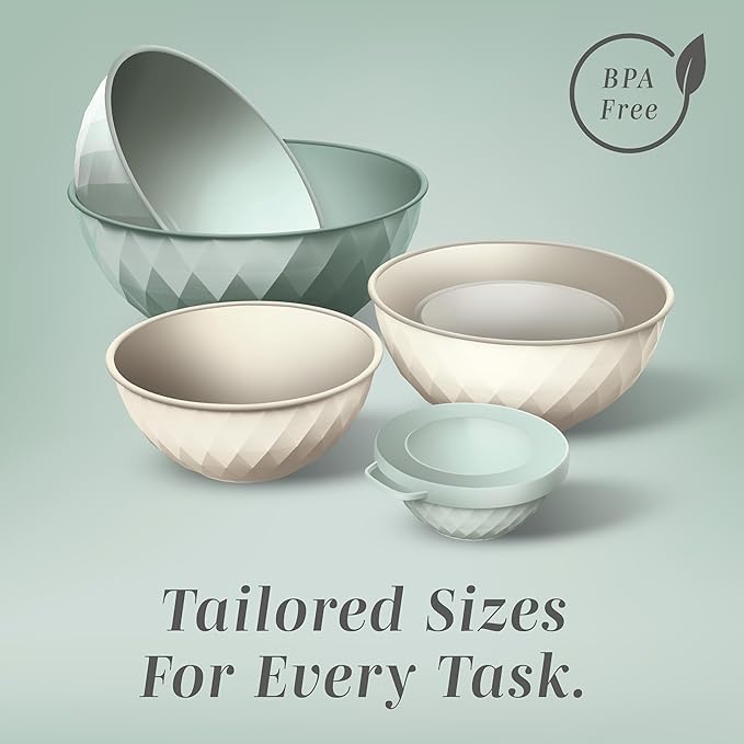 COOK WITH COLOR Mixing Bowls with Lids - 12 Piece Plastic Nesting Bowls Set includes 6 Prep Bowls and 6 Lids, Diamond Design - Microwave Safe (Mint)