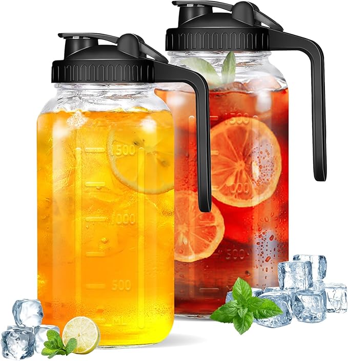Glass Pitcher with Lid - 2Pack 2 Quart Wide Mouth Mason Jar Pitcher, 64OZ Double Leak-proof Water Pitcher, Breastmilk Pitcher with Pour Spout Lids for Water, Juice, Milk, Tea, Iced Coffee