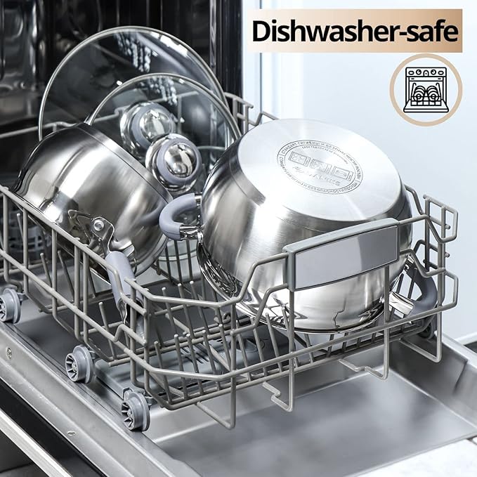 Daniks Modern Frying Pan With Lid Included, 11-Piece Stainless Steel Induction-Compatible Cookware Set, Dishwasher Safe, Heatproof Handles, Glass Lids, Silver