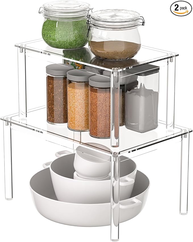 Acrylic Cabinet Organizer Shelf Set of 2, Clear Kitchen Counter Shelves Spice Rack, Pantry Kitchen Storage, Stackable, Expandable, Moisture Resistant